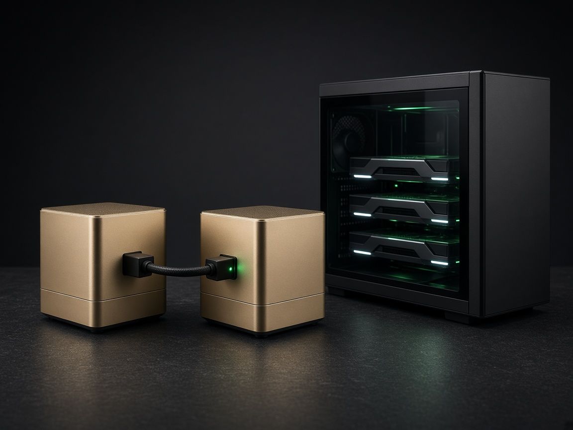 Dos ordinadors compactes d’IA de color xampany connectats entre si al costat d’un servidor negre amb llums verdes