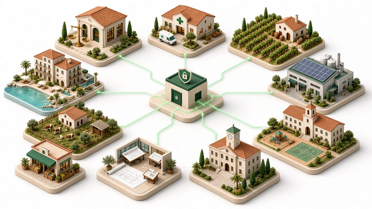 Il·lustració isomètrica d’un poble mediterrani amb una clínica, un celler, una fàbrica, una escola i un ajuntament connectats a un petit servidor central protegit